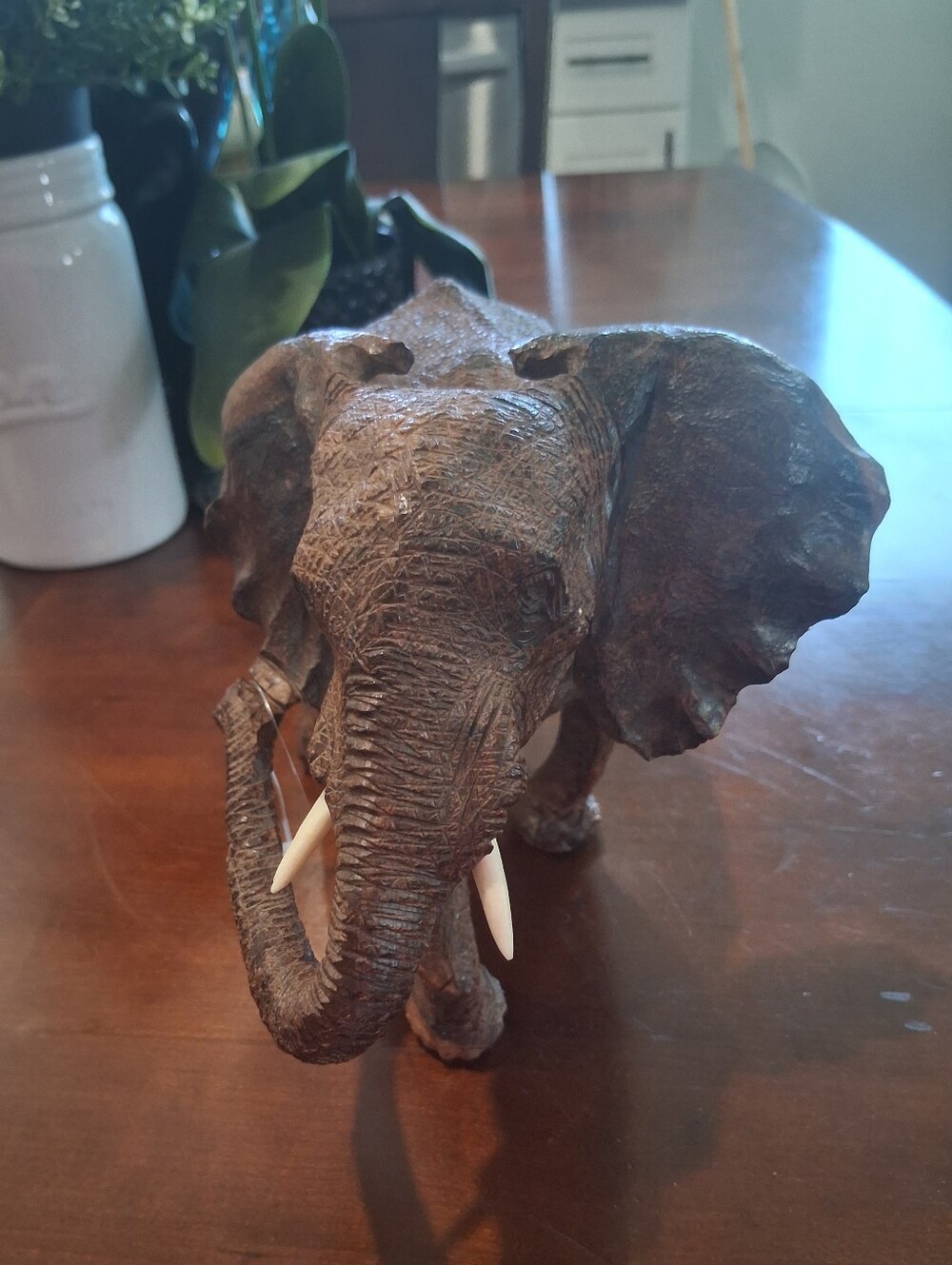 Brown Elephant Figurine with Ivory Tusks